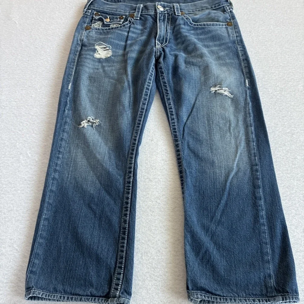 True Religion Ricky Blue Jeans Mens 36x26 (27) Flap Pocket Y2K Stitch Lot Of 2